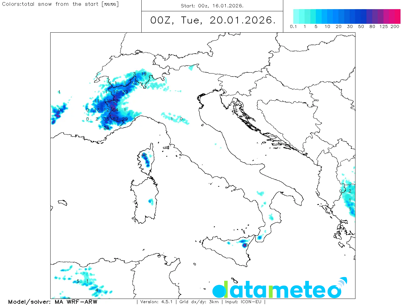 Maltempo con pioggia e tanta neve sulle Alpi.